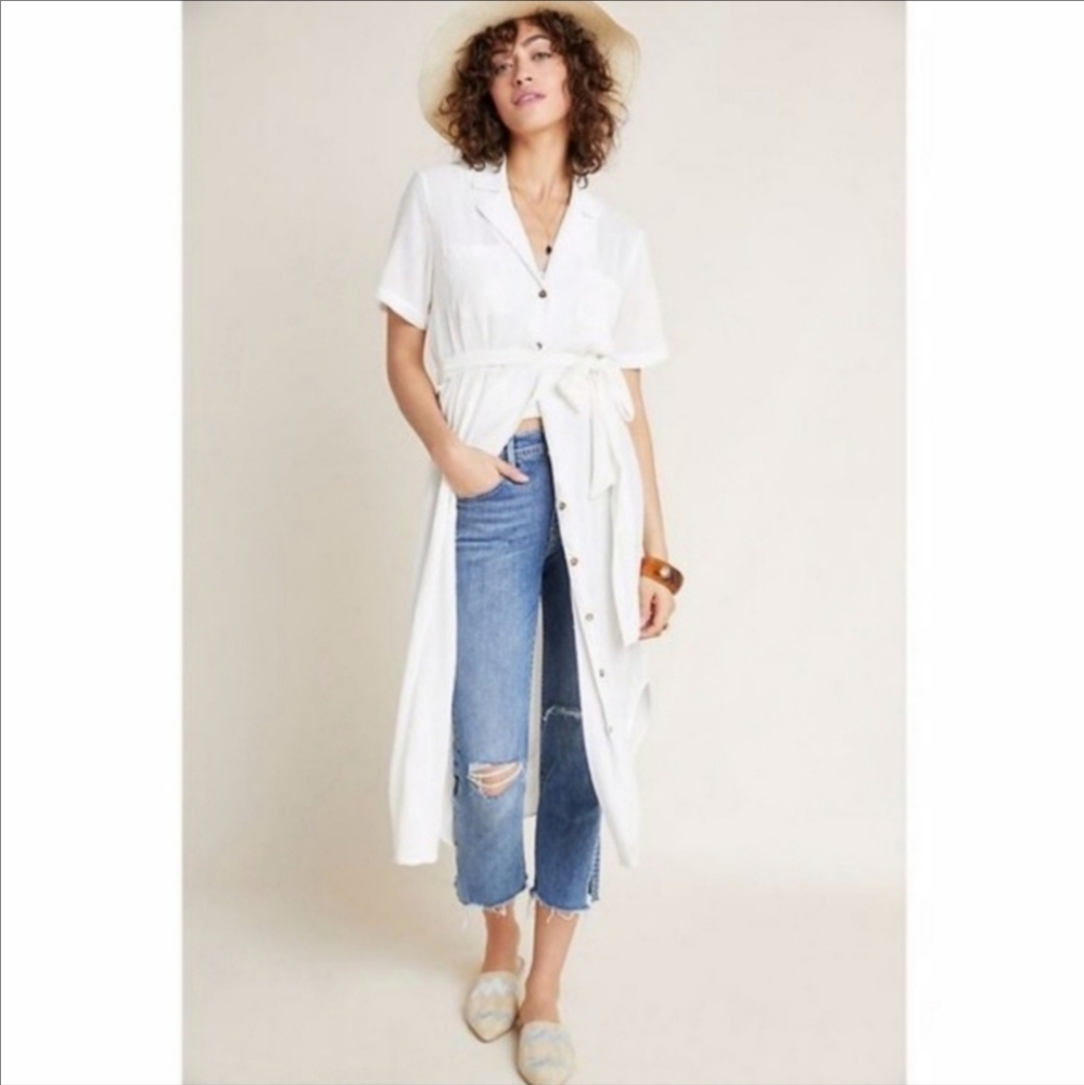 MAEVE by Anthropologie Aria White Textured Tie Waist Button down Midi Dress - Picture 4 of 8